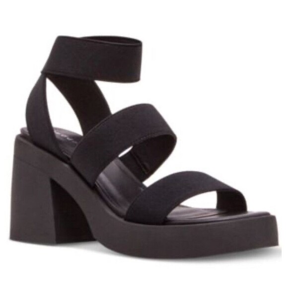 Madden Girl Londen Platform Sandals Sz 9M Block Heel Black Elastic Ankle Strap - Picture 1 of 6